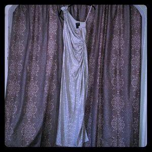 One shoulder, silver, full-length dress